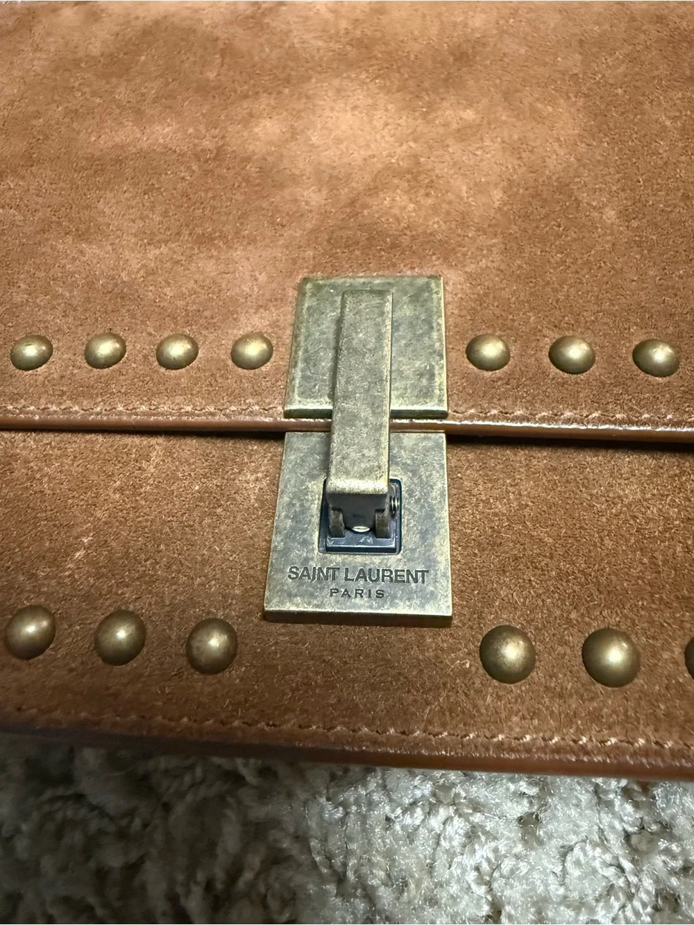 Saint Laurent Brown Suede Studded Crossbody Bag with Brass Hardware